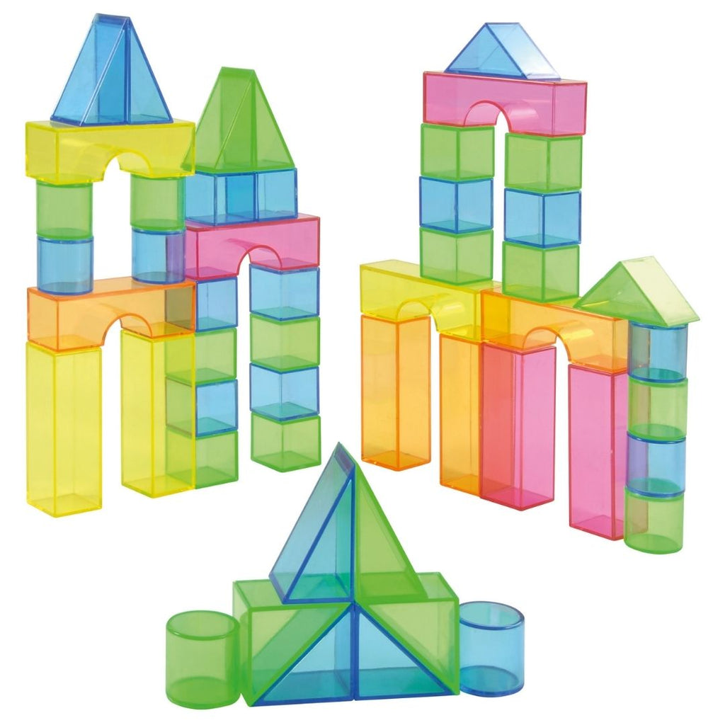 Transparante bouwblokken geometrische vormen gekleurd ook voor op een licht tafel, om te bouwen, voor sensorisch spel , open ended en small play