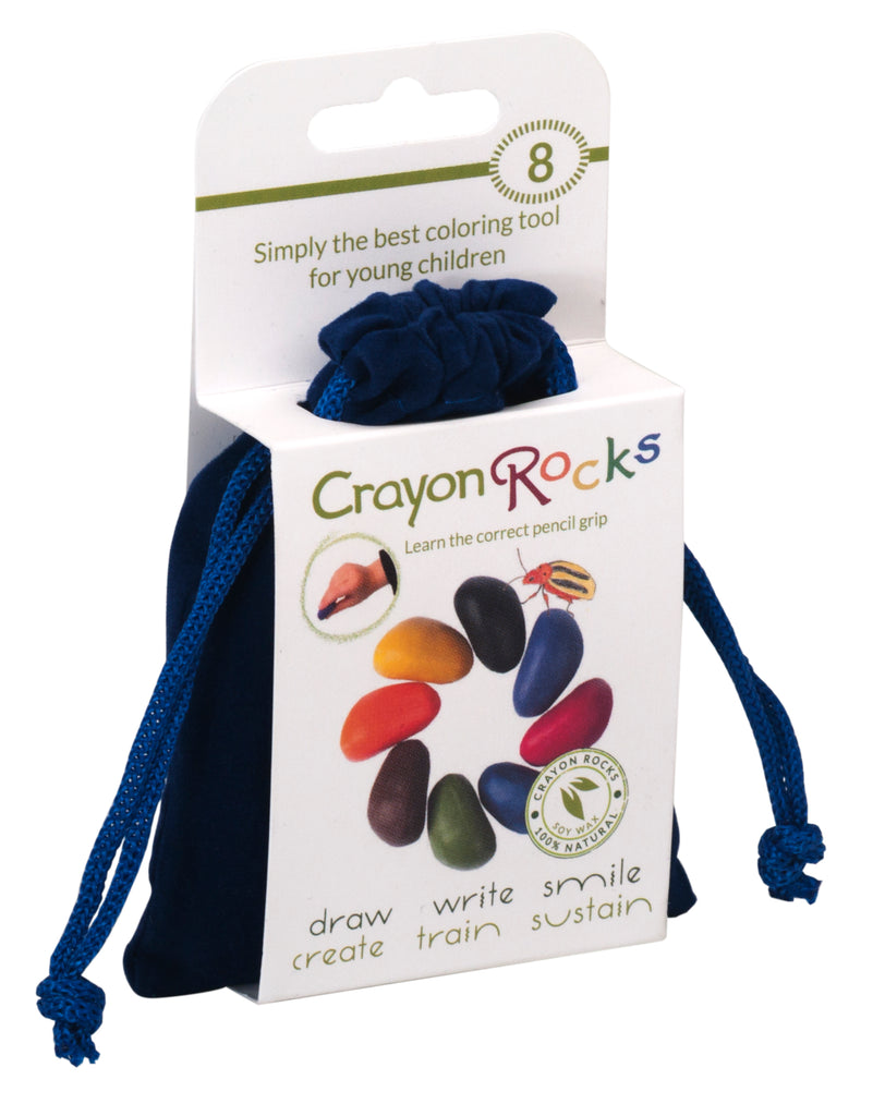 8 crayon rocks primaire kleure blauw fluwelen zakje