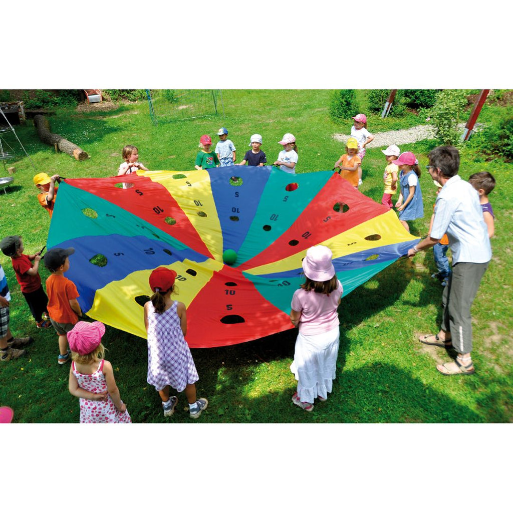 Speeldoek met kleurrijke eindgaten, handgrepen en duurzame polyester stof, ideaal voor het verbeteren van hand-oogcoördinatie bij kinderen vanaf 3 jaar.