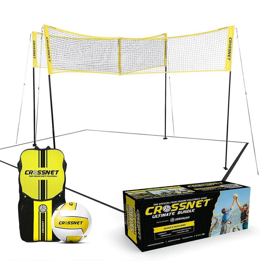Ultieme Crossnet set met origineel 4-hoekig volleybalnet en uitbreiding voor 8 spelers. Inclusief palen, verstelbaar net, volleybal, ballenpomp, netspanners en handige draagtas. Ideaal voor actief buitenspelen met vrienden of familie op gras, zand of in het park.