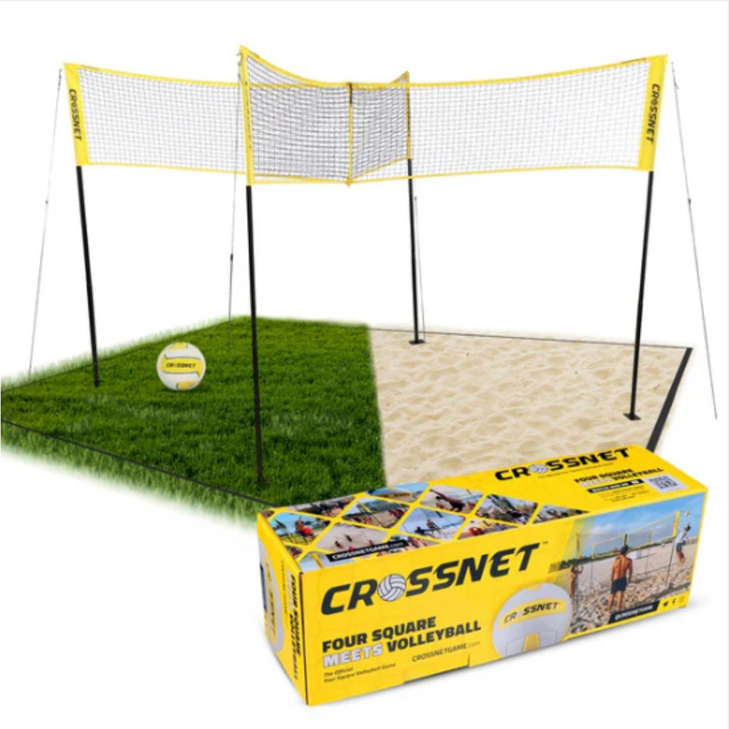 Ultieme Crossnet set met origineel 4-hoekig volleybalnet en uitbreiding voor 8 spelers. Inclusief palen, verstelbaar net, volleybal, ballenpomp, netspanners en handige draagtas. Ideaal voor actief buitenspelen met vrienden of familie op gras, zand of in het park.