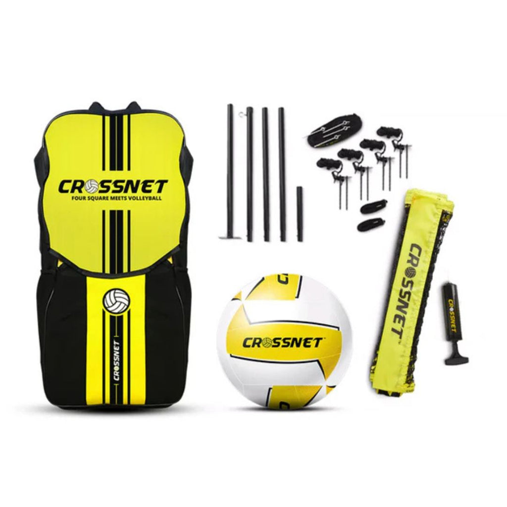 Ultieme Crossnet set met origineel 4-hoekig volleybalnet en uitbreiding voor 8 spelers. Inclusief palen, verstelbaar net, volleybal, ballenpomp, netspanners en handige draagtas. Ideaal voor actief buitenspelen met vrienden of familie op gras, zand of in het park.