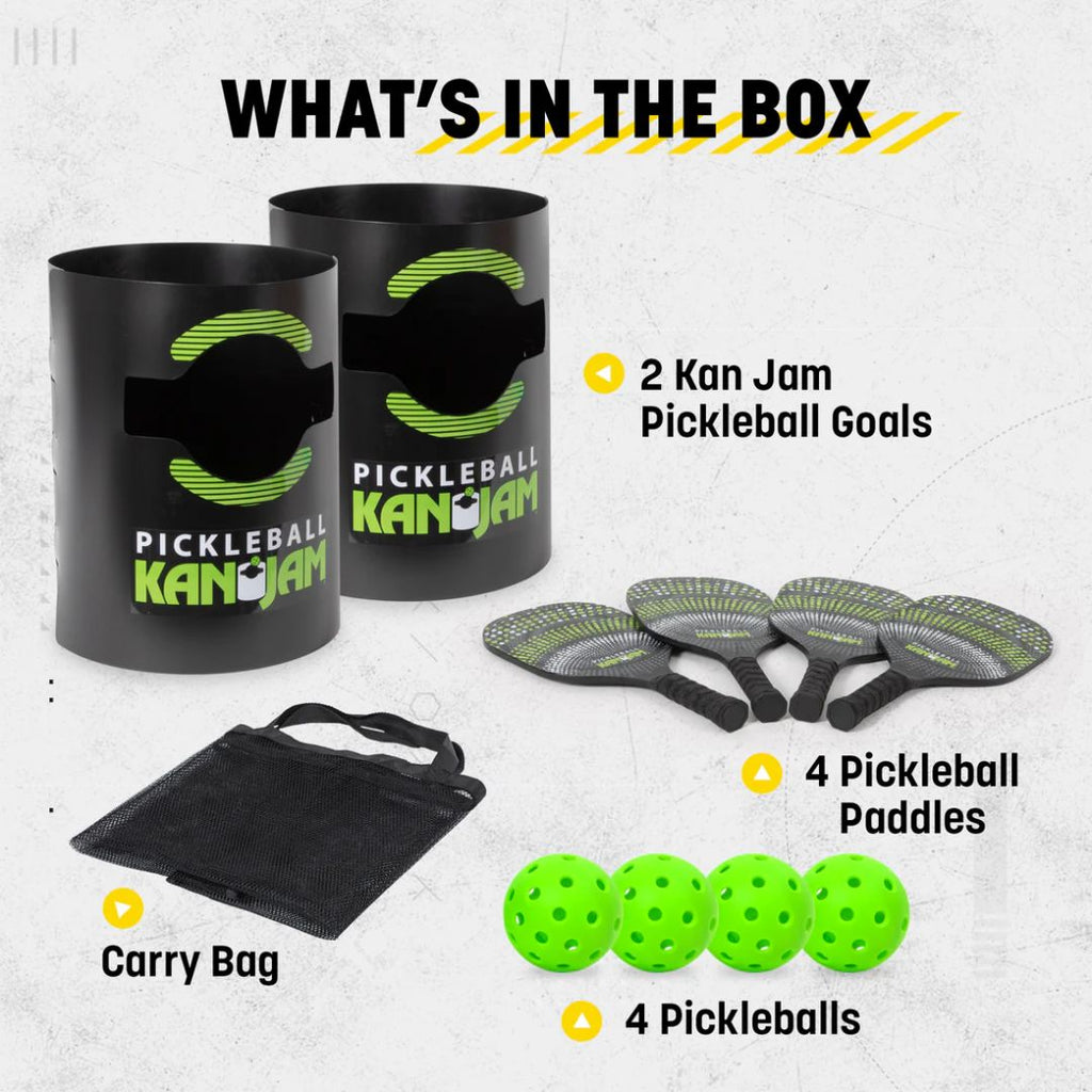 Complete KanJam Pickleball Set – 2 doelen, 4 rackets en 4 ballen voor eindeloos spelplezier op het strand, in de tuin of sporthal.