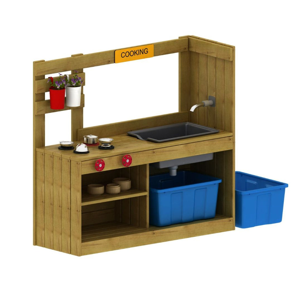 Houten buiten modderkeuken met functionele waterpomp, spoelbak en kookplaten voor avontuurlijk en creatief buitenspelen voor kinderen.