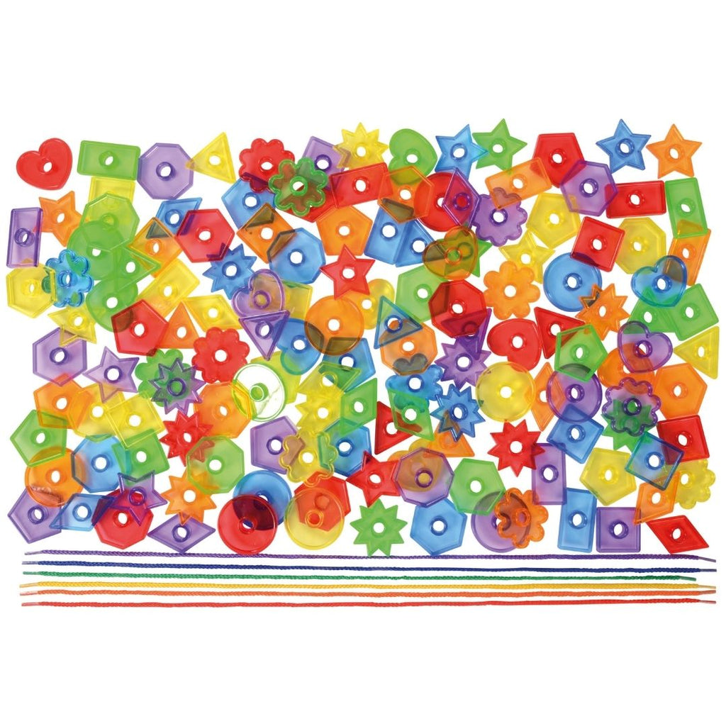 Eduplay transparant gekleurde knopen in verschillende vormen ster vierkant rechthoek rond driehoek om te rijgen met veters 
