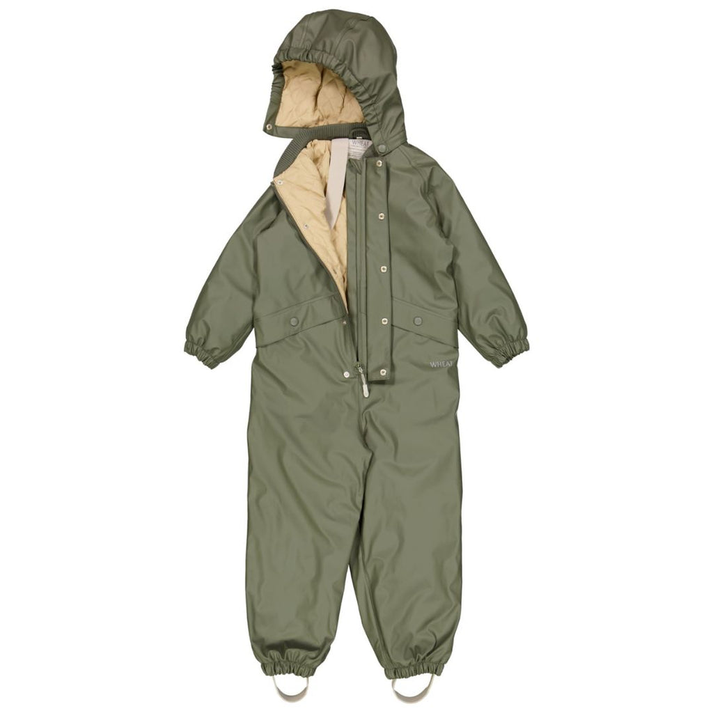 Wheat thermo rainsuit aiko tea leaf buitenkleding warm regenpak onesie olijfgroen voor jongen en meisje gevoerd regenpak met lichte padding voor kind maat 98 104 110 116 122 jongen en meisje 