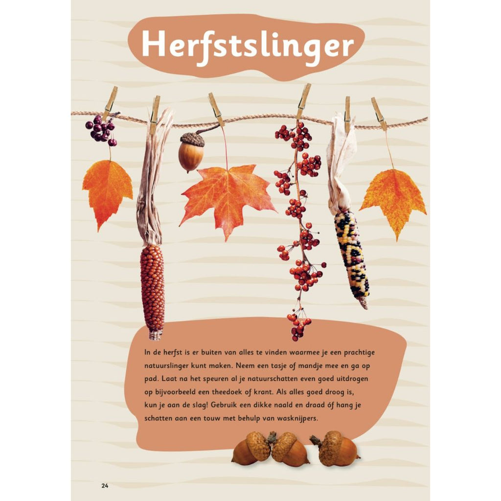 Maak een herfstslinger in het buitenspeeldoeboek thema herfst activiteit speelidee voor kinderen voor buiten