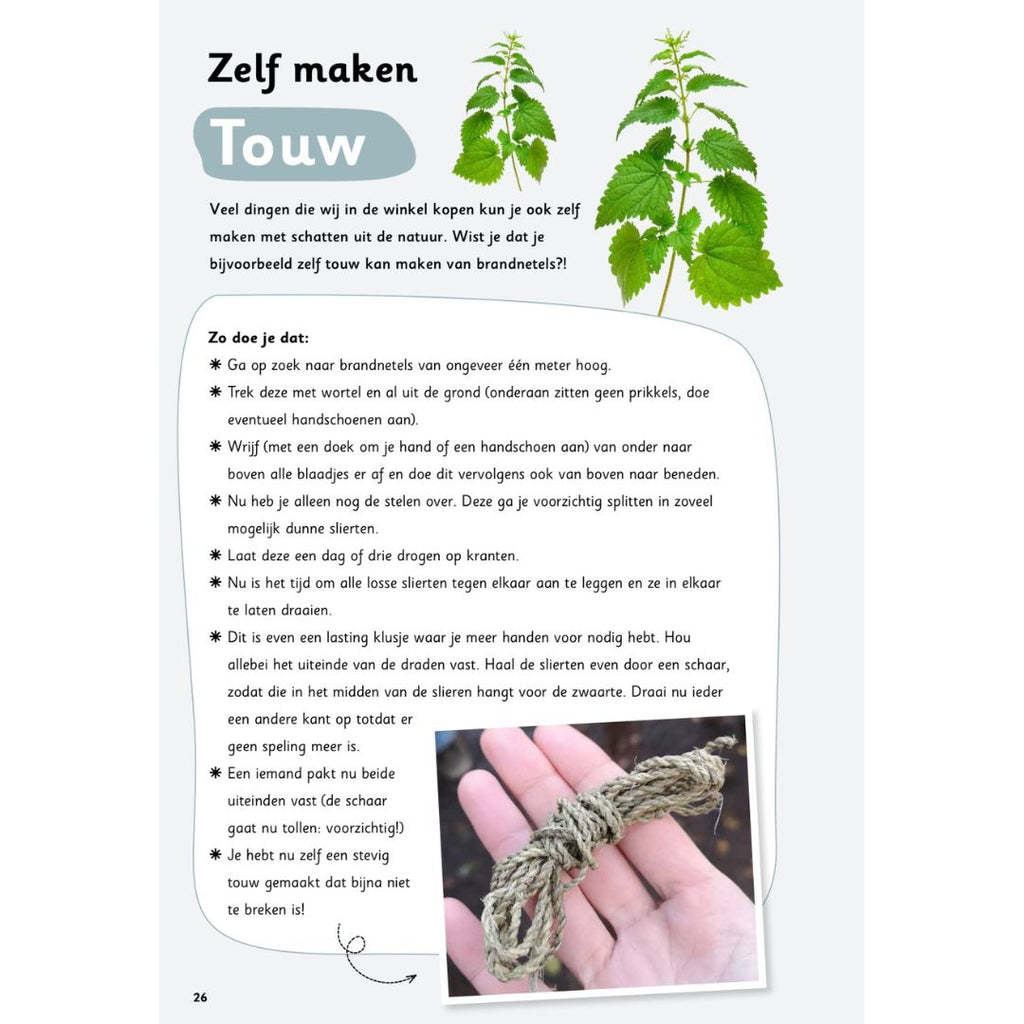 Buitenspeeldoeboek lente zelf touw maken met brandnetels activiteit voor kinderen bso kinderopvang school en thuis