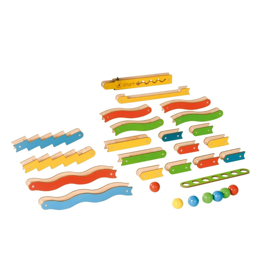 Magnetische onderdelen voor het maken van een eigen knikkerbaan op magneetbord van Eduplay JonEly uitbreidingsset magneetbaan met koffer