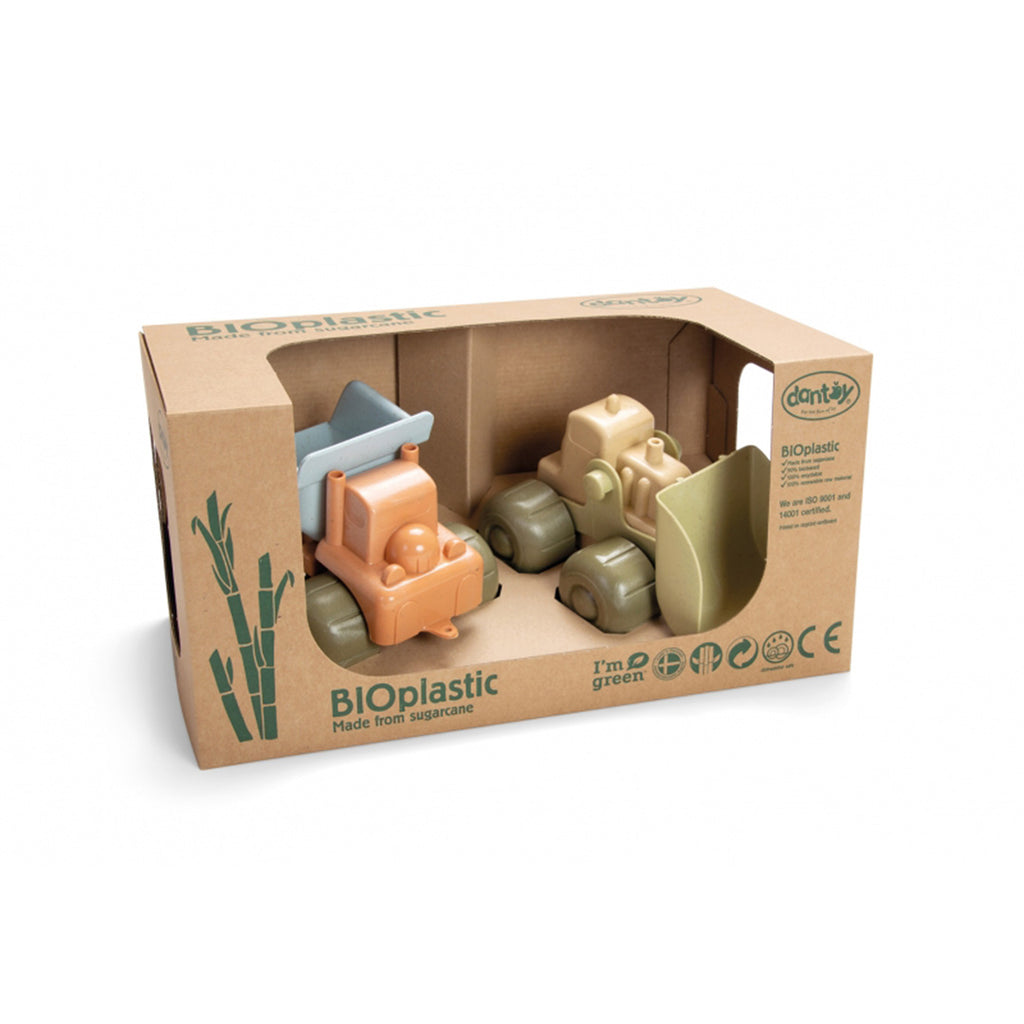 Dantoys bioplastic voertuigen een shovel en een kiepwagen