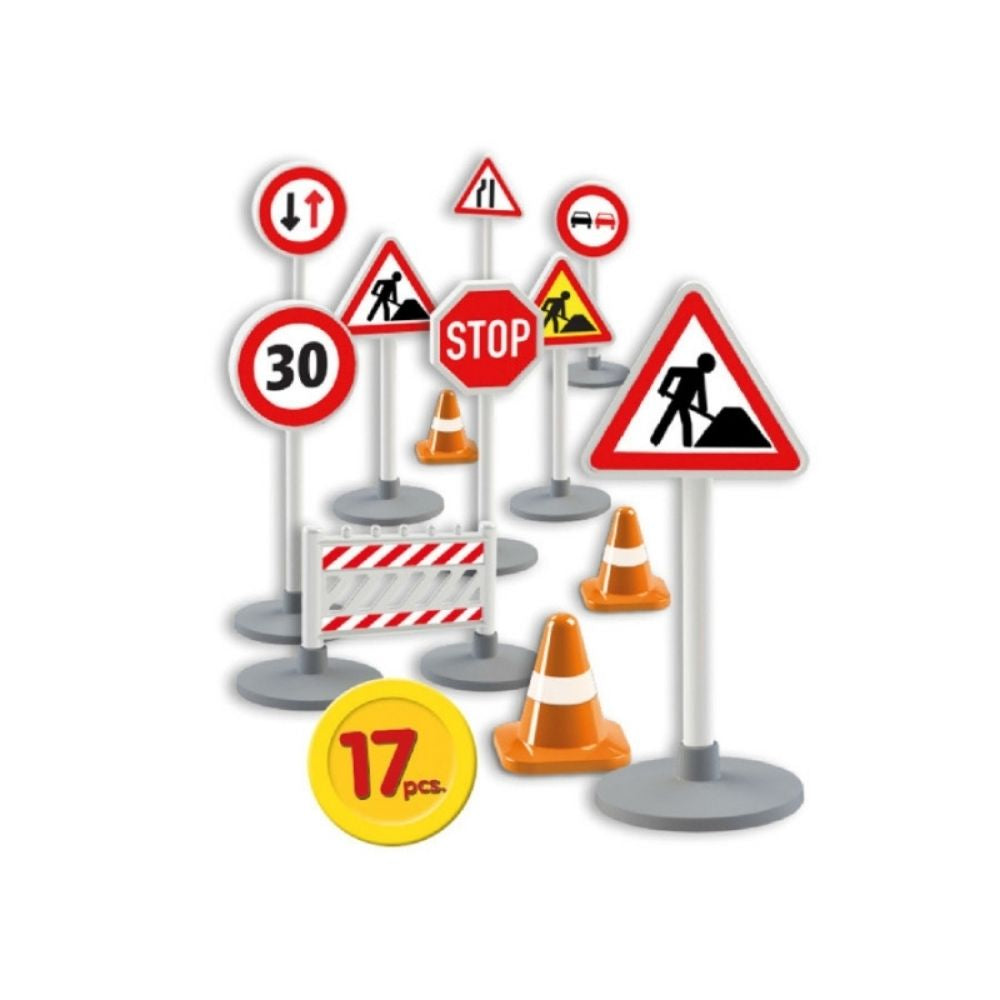 Speelgoed verkeersbordenset verkeersborden van Lena voor bij de voertuigen zoals bouwvoertuigen graafmachines vrachtwagens en shovels